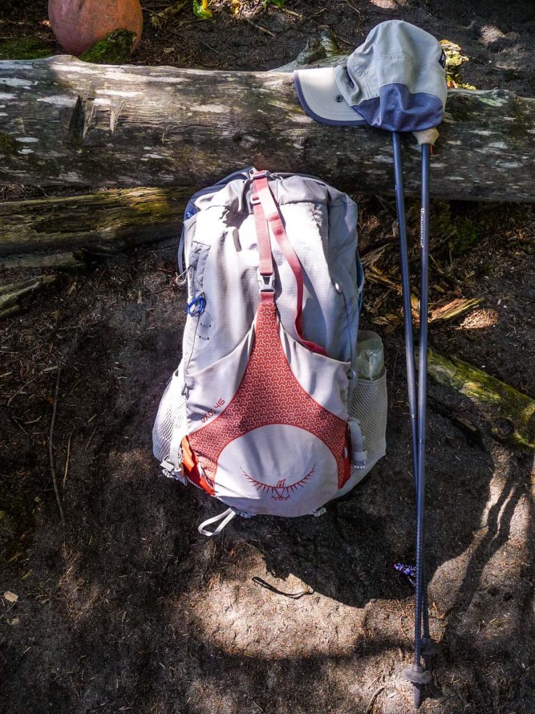 Backpack, hiking pokes and hat