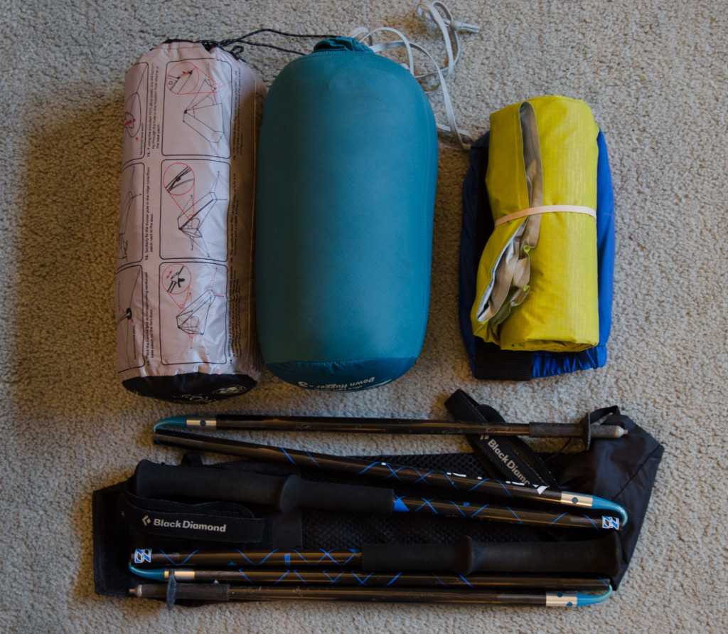 Tent, sleeping bag, sleeping pad, and hiking poles