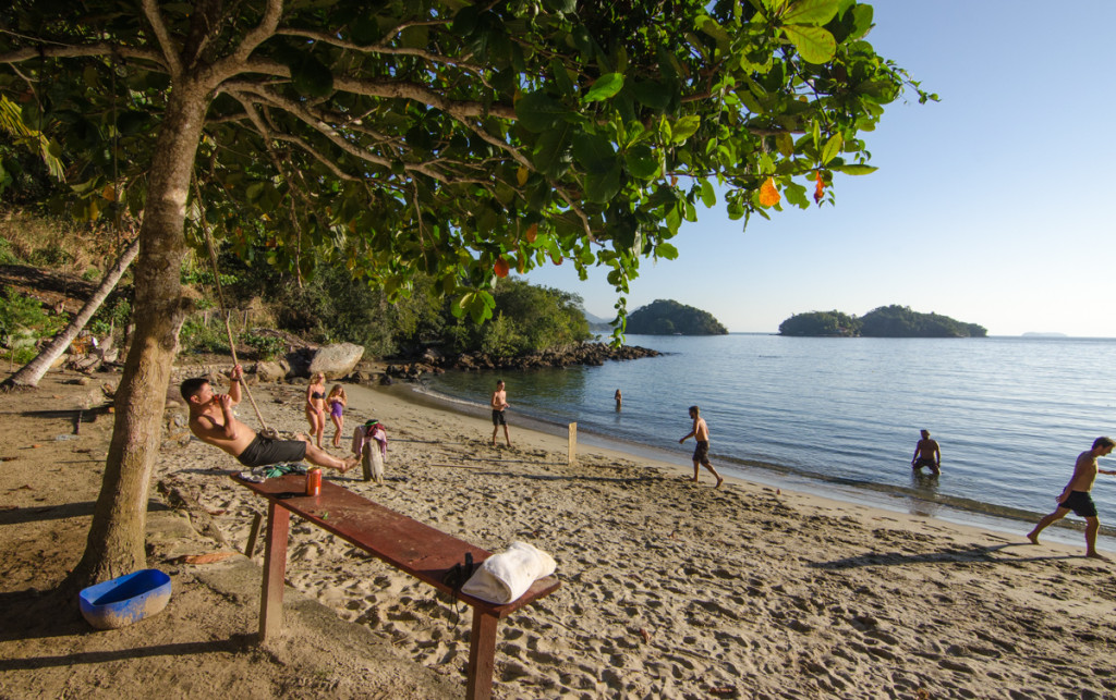 Drinking beer while swinging on a wrecking ball, Ilha Grande