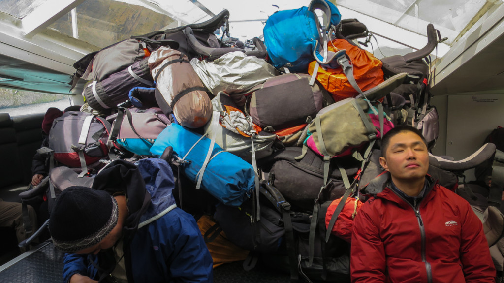 A mountain of backpacks on the ferry to Refugio Paine Grande. (Photo Credit: John Van)