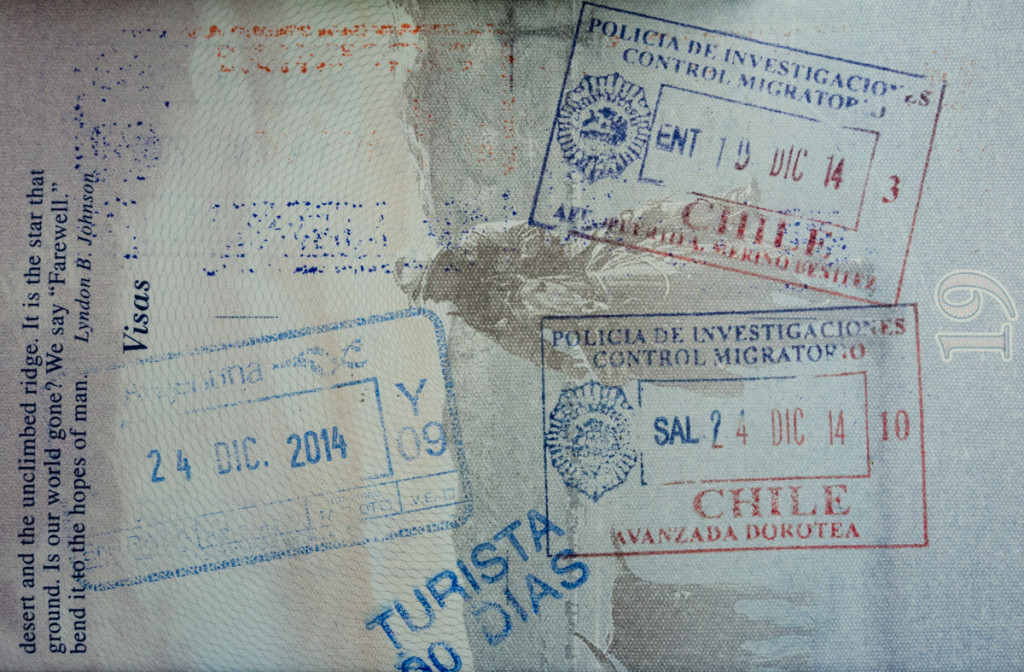 Passport stamps from Chile and Argentina