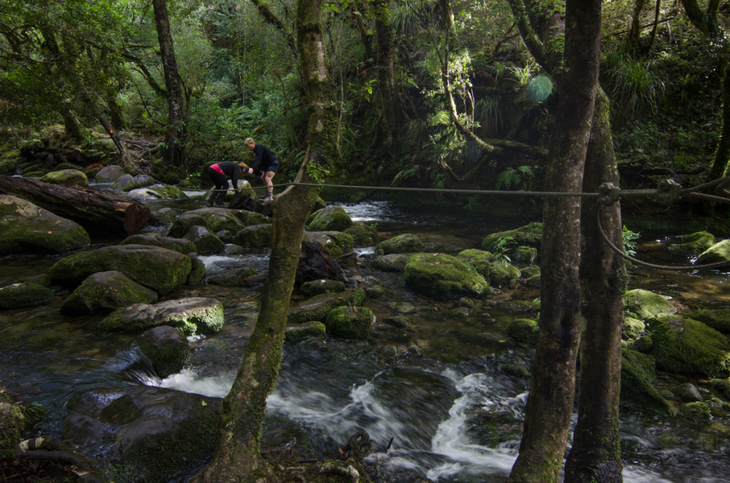 Crossing a river to Korakora Falls, Lake Waikaremoana Great Walk