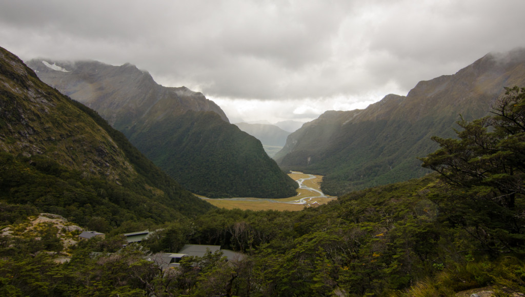 Looking back at Routeburn Falls Hut