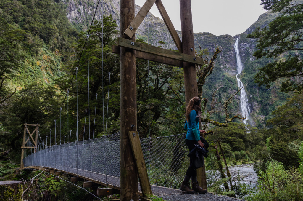 Anna looking at Sutherland Falls, Milford Track