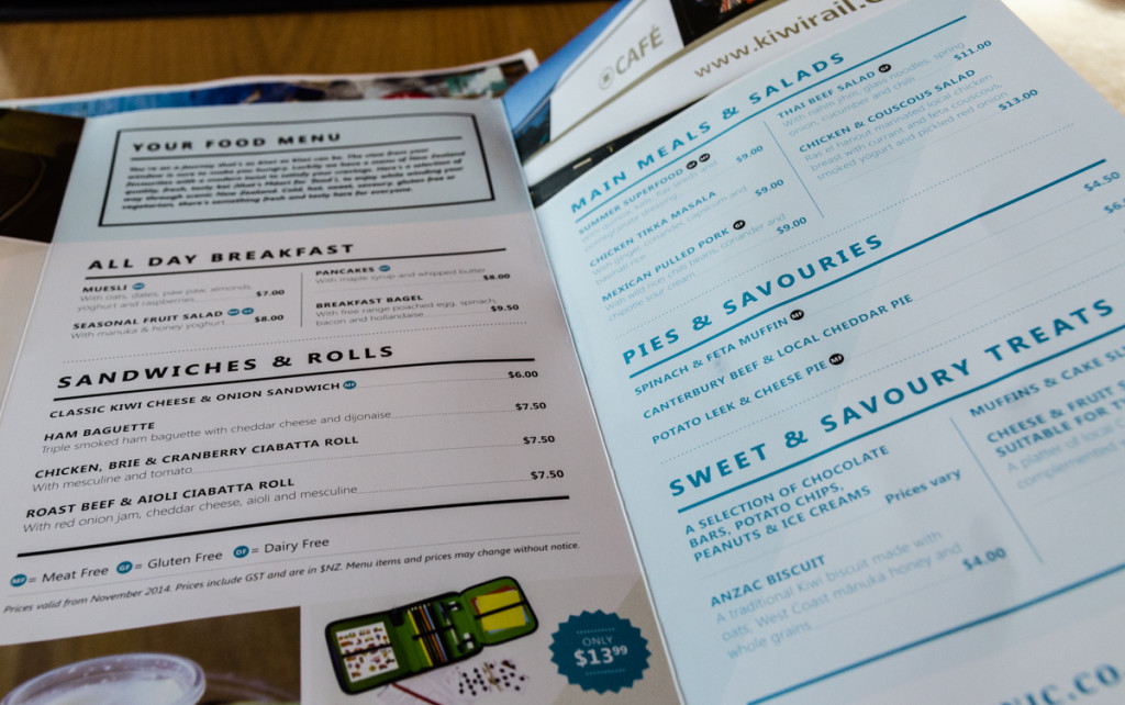 The Coastal Pacific train's food menu