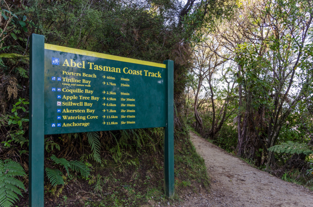 The southern trailhead of the Abel Tasman Coast Track