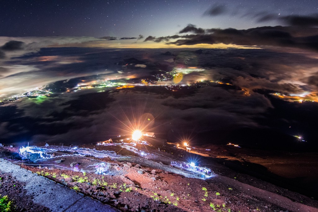 Hikers on Yoshida Trail during the night, Mount Fuji