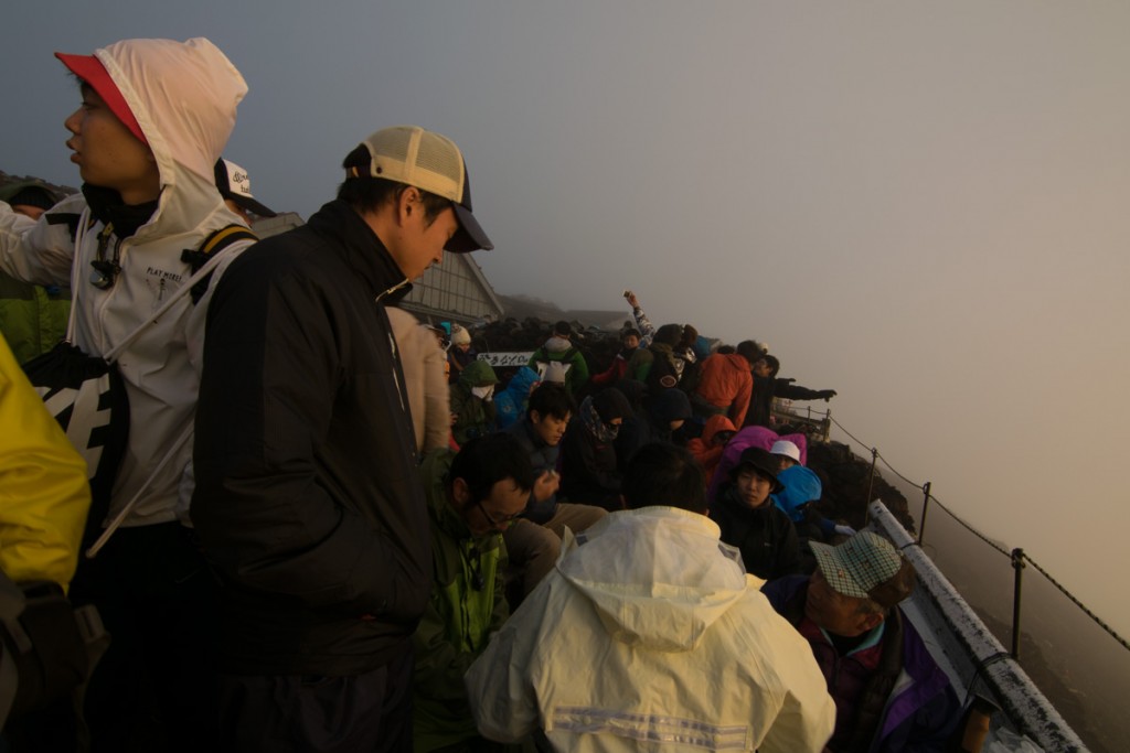 Waiting for the sun to come out at Mount Fuji summit